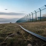 Fibra óptica expuesta junto a una instalación de defensa y un dron distante, imagen sobre Avengers AI Labs.