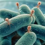 Bacteriófagos diseñados con IA rodean bacterias E. coli observadas en una placa de laboratorio