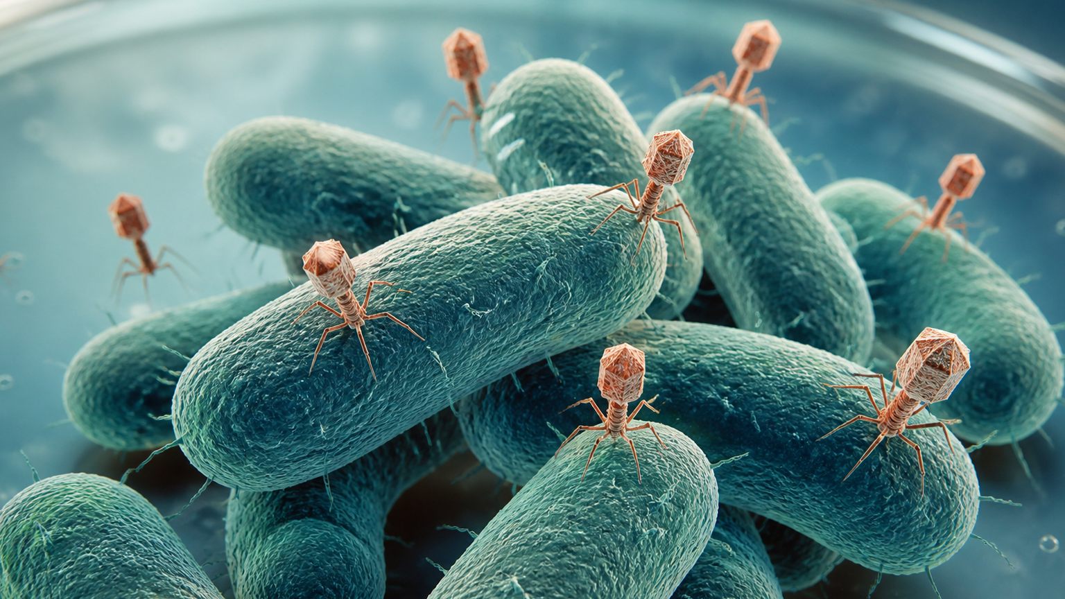 Bacteriófagos diseñados con IA rodean bacterias E. coli observadas en una placa de laboratorio
