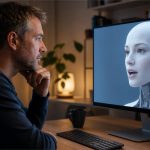 Una persona escucha a un chatbot con rostro robótico en una pantalla