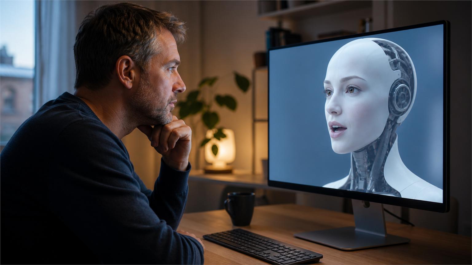 Una persona escucha a un chatbot con rostro robótico en una pantalla