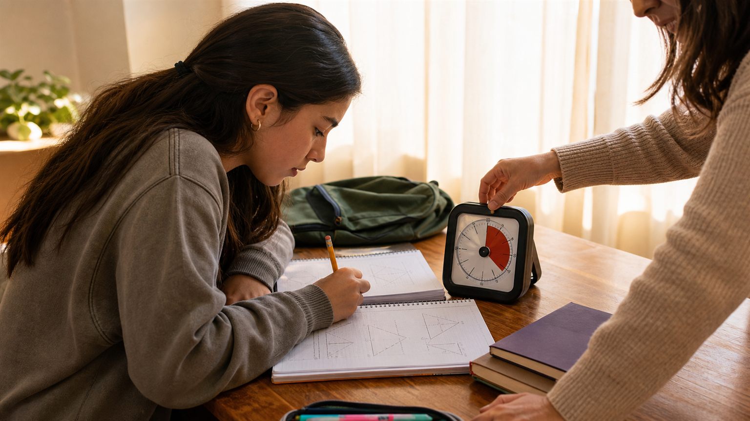 Adolescente estudiando mientras un adulto ajusta un temporizador para el horario de estudio