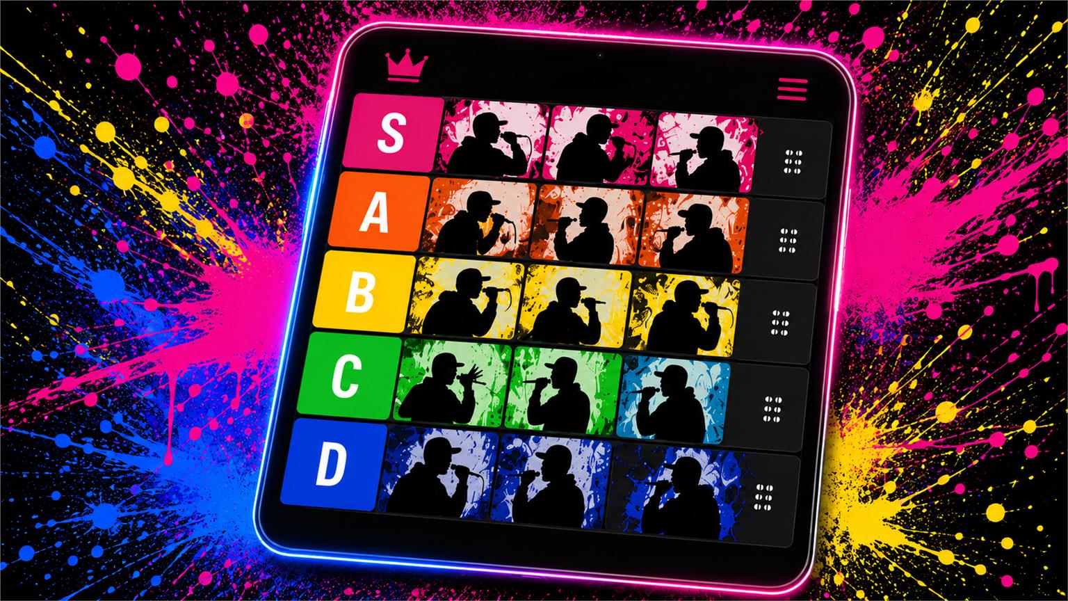 App de tier list de freestylers en un teléfono con filas de colores