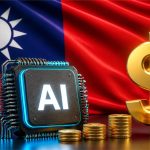 Bandera de Taiwán, chip de IA y signo dólar para ilustrar el dividendo de la IA en Taiwán