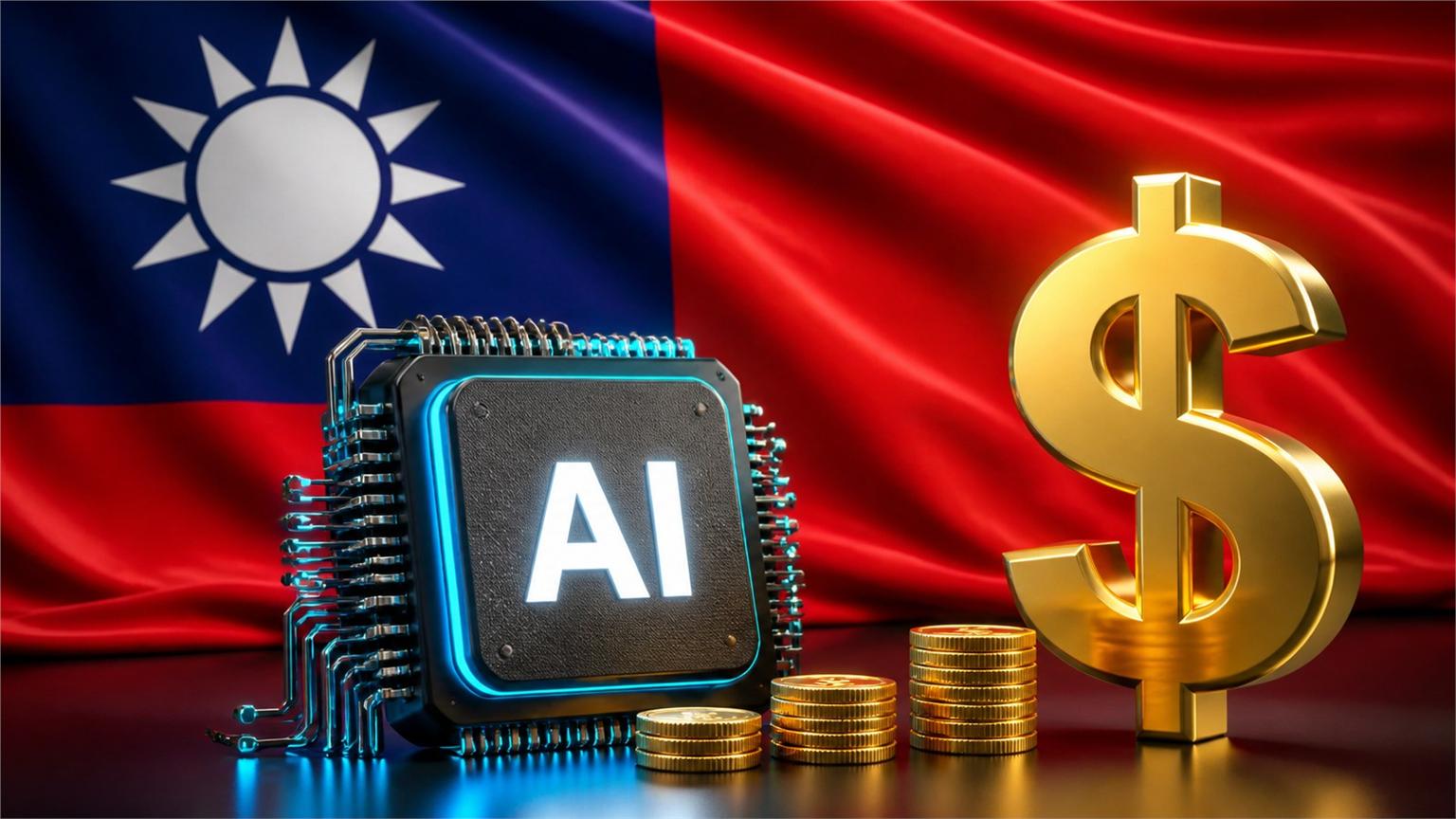 Bandera de Taiwán, chip de IA y signo dólar para ilustrar el dividendo de la IA en Taiwán