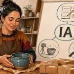 Emprendedora en taller preparando productos con apoyo de IA para emprendedores chilenos
