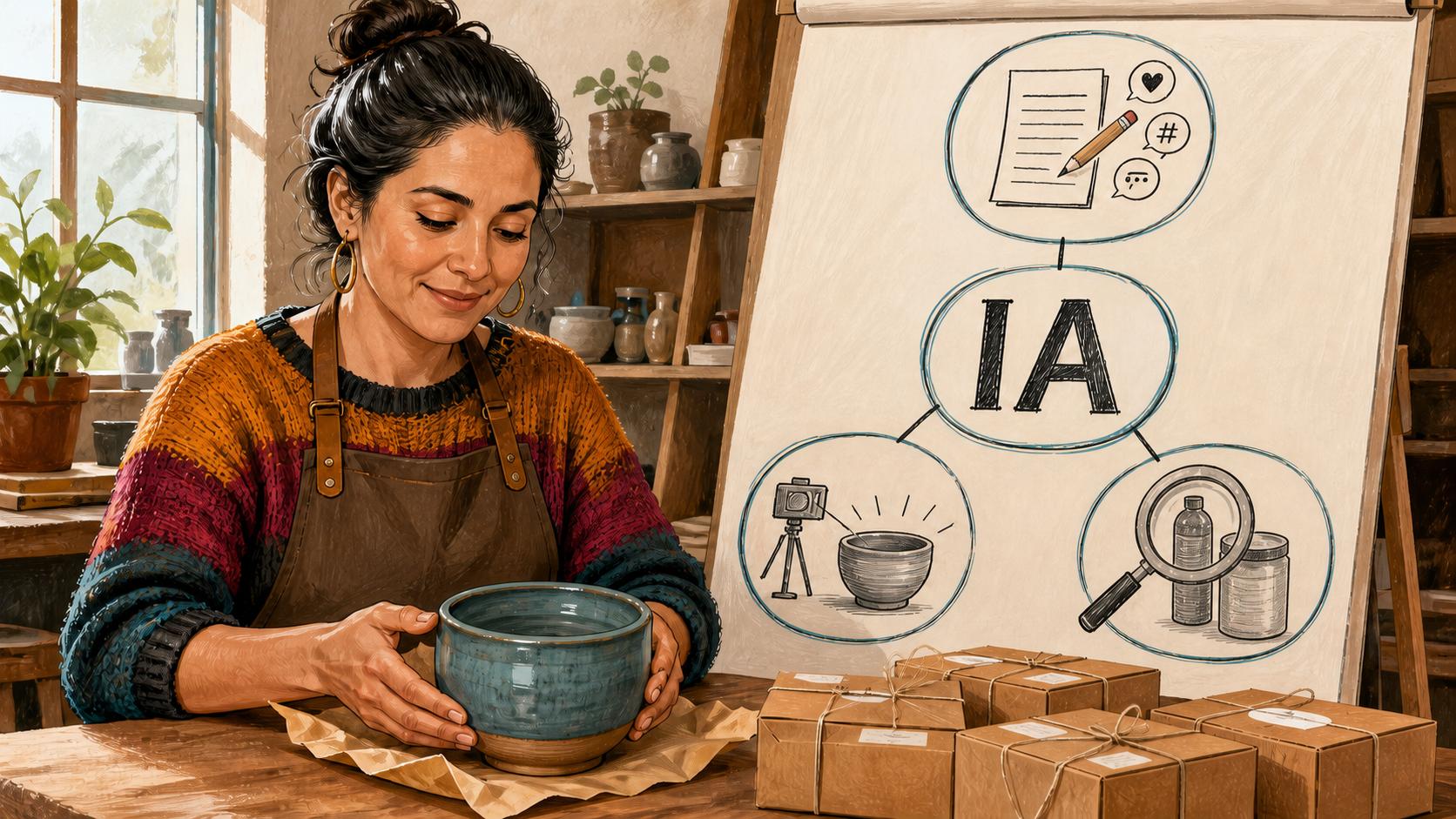 Emprendedora en taller preparando productos con apoyo de IA para emprendedores chilenos