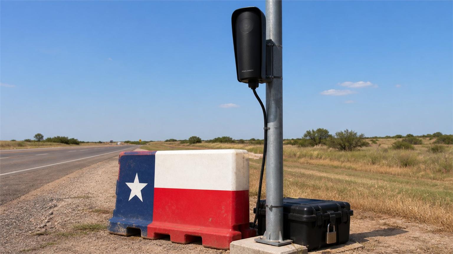 Cámara vial Flock detenida junto a una barrera en una carretera de Texas
