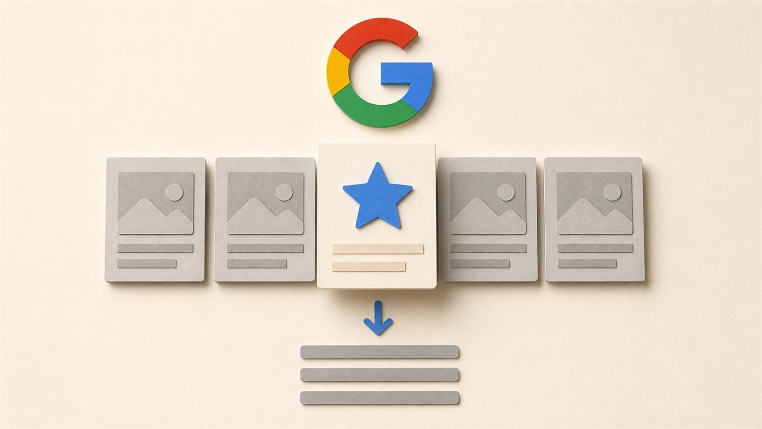 Tarjetas de noticias frente al logotipo de Google con una opción de Fuentes preferidas destacada