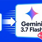 Ilustración plana de Gemini 3.7 Flash avanzando desde 3.6 con una etiqueta de precio 50% menor