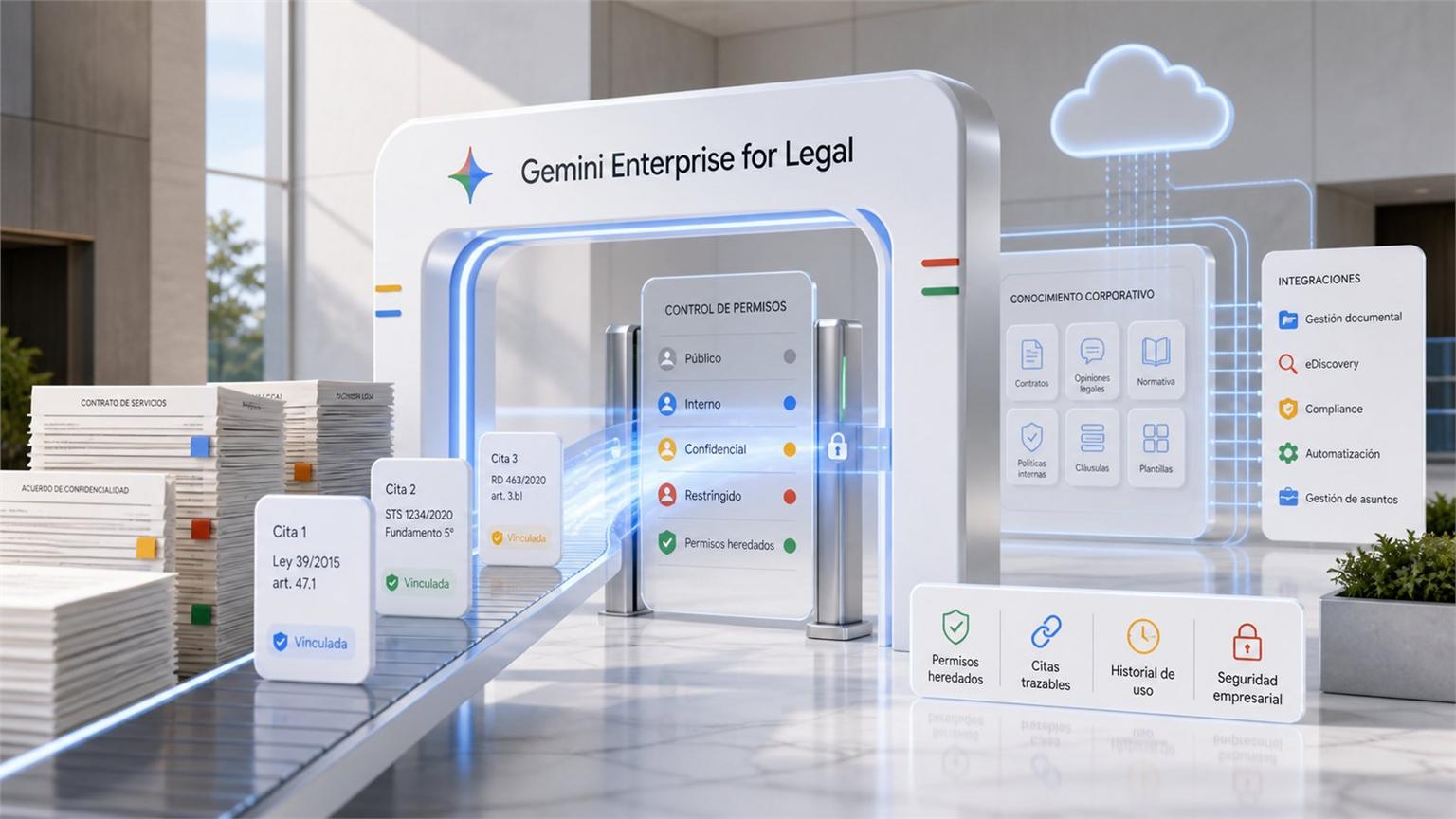 Portal corporativo blanco de Gemini Enterprise for Legal con documentos y control de permisos