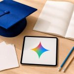 Birrete y tablet con el símbolo de Gemini para ilustrar Gemini para estudiantes