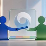 Figuras abstractas intercambian un cilindro ante un panel de Google DeepMind y un organigrama