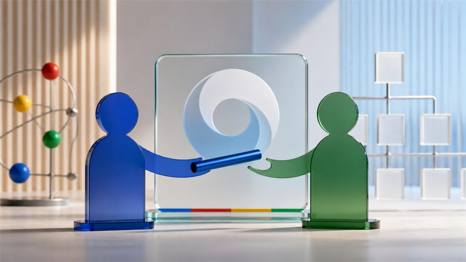 Figuras abstractas intercambian un cilindro ante un panel de Google DeepMind y un organigrama