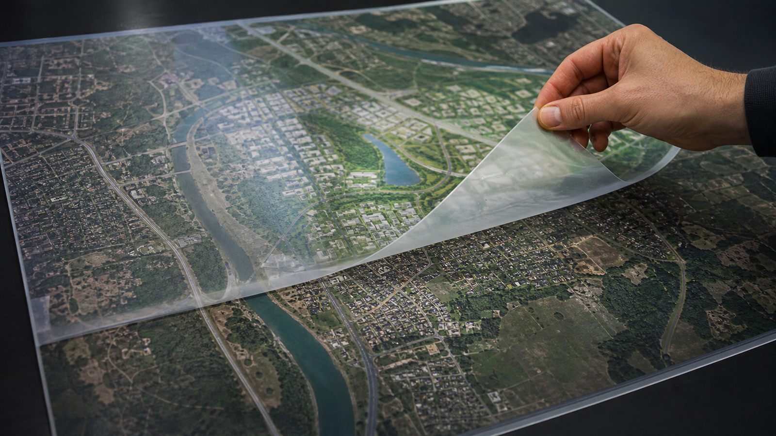 Vista aérea de Google Earth intervenida por una capa visual sintética parcialmente retirada