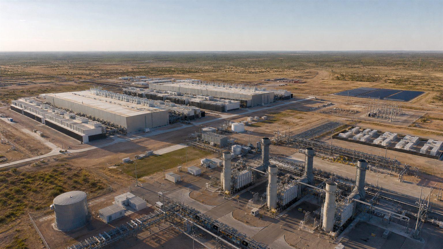 Vista aérea conceptual de GW Ranch y su campus de centro de datos en Texas
