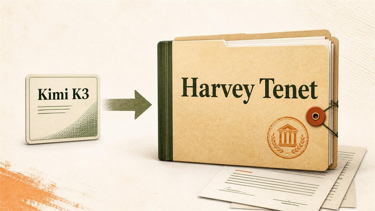 Expediente jurídico con Harvey Tenet y una tarjeta Kimi K3 unida por una flecha de posentrenamiento