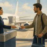 Una agente de tierra entrega una tarjeta de cambio de vuelo junto a un avión comercial, escena sobre IA agentiva en aerolíneas.