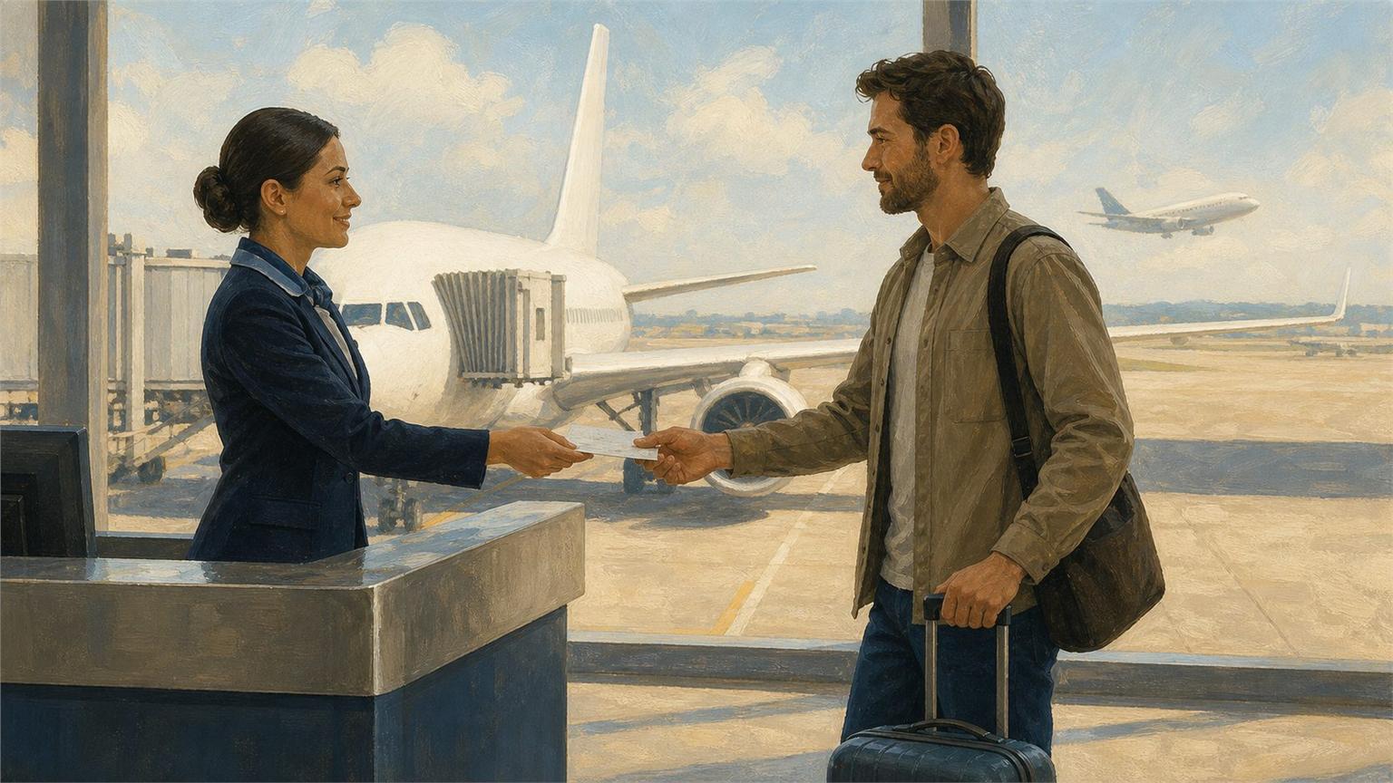 Una agente de tierra entrega una tarjeta de cambio de vuelo junto a un avión comercial, escena sobre IA agentiva en aerolíneas.