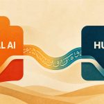 Ilustración conceptual de IA soberana con Mistral AI y HUMAIN unidos por una cinta de datos