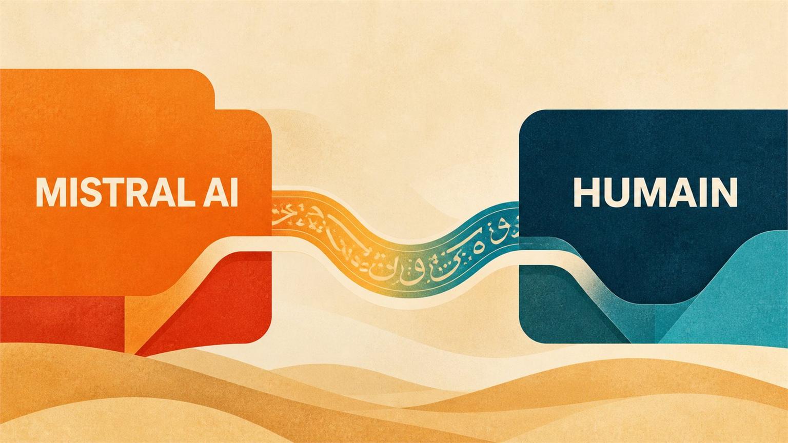 Ilustración conceptual de IA soberana con Mistral AI y HUMAIN unidos por una cinta de datos
