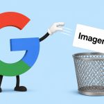 Logo de Google con patas lanzando la tarjeta Imagen 4 a un basurero