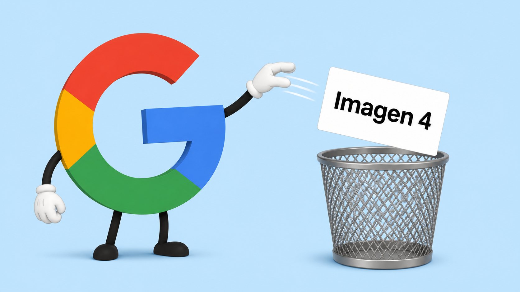 Logo de Google con patas lanzando la tarjeta Imagen 4 a un basurero