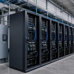 Sala de infraestructura de IA con racks refrigerados por líquido en instalación