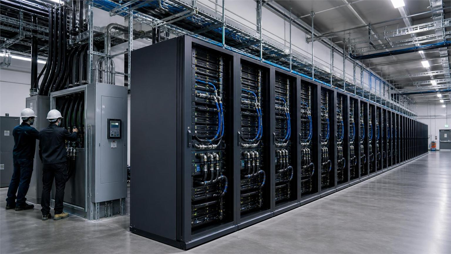 Sala de infraestructura de IA con racks refrigerados por líquido en instalación