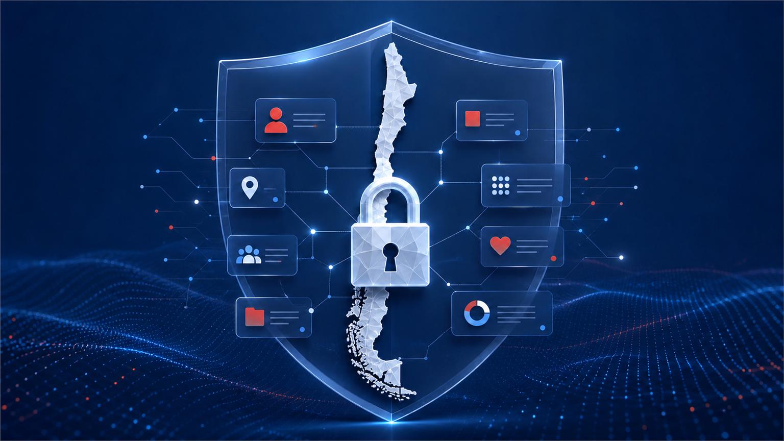 Mapa de Chile protegido por un escudo y candado bajo la Ley de Datos Personales