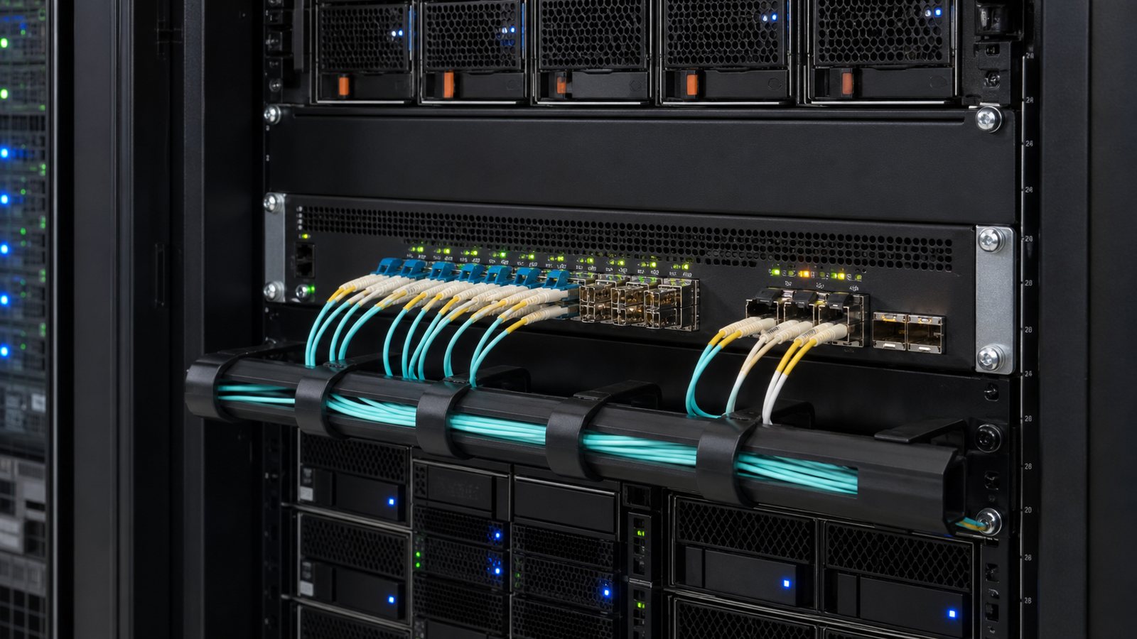 Conexiones de fibra óptica instaladas en un rack de servidores para centros de datos de IA Lumilens