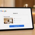Tableta con Modo IA de Google mostrando una reserva de hotel y pago con Google Pay