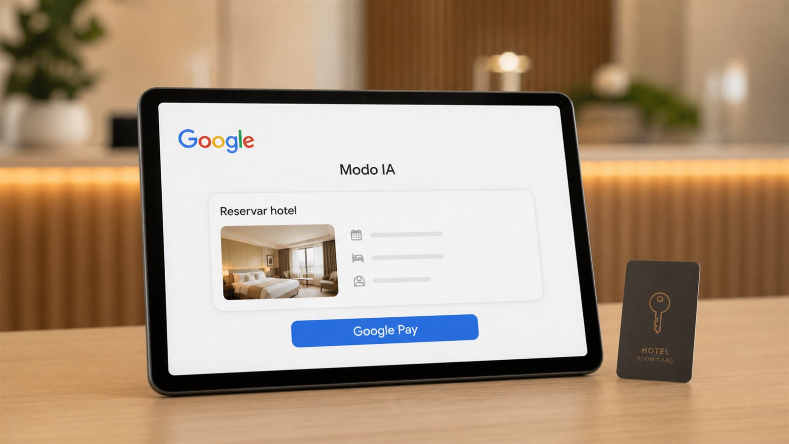 Tableta con Modo IA de Google mostrando una reserva de hotel y pago con Google Pay