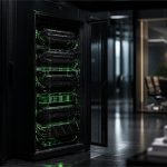 Servidor de NVIDIA con luces verdes frente a una sala de reuniones