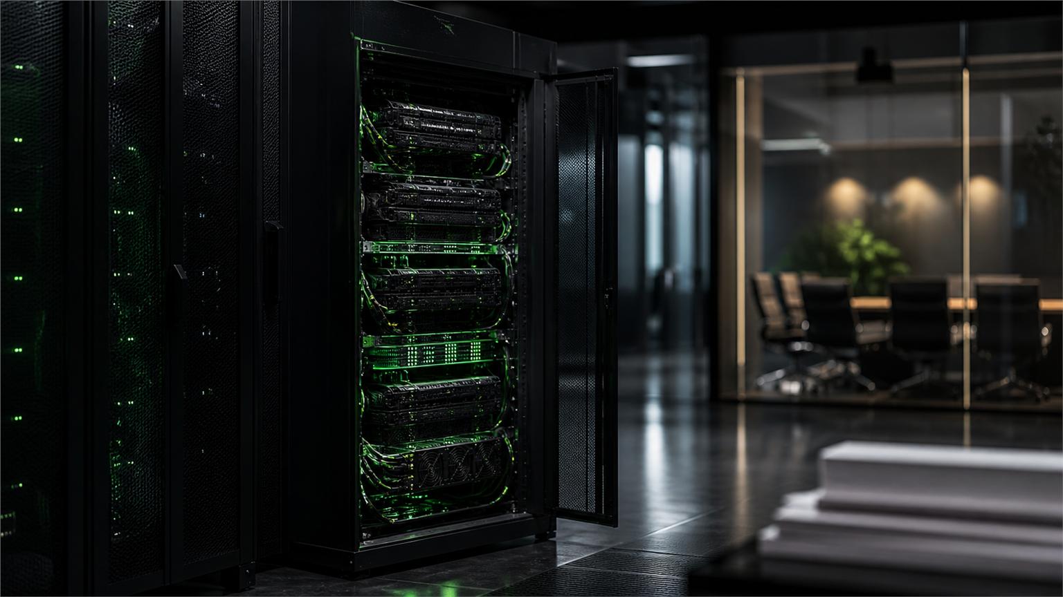 Servidor de NVIDIA con luces verdes frente a una sala de reuniones