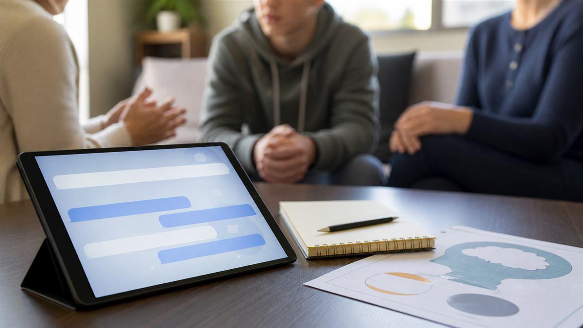 OpenAI junto a símbolos de chat y apoyo juvenil en una escena de salud mental digital