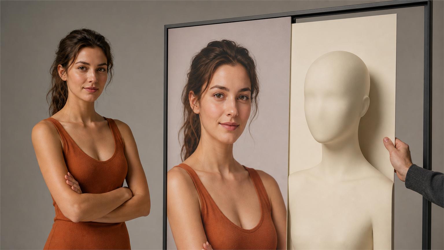 Modelo real y figura sintética en un aviso sobre publicidad con IA