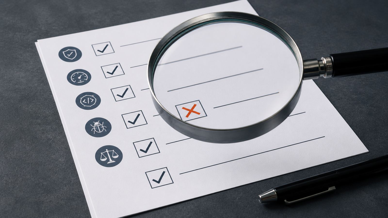 Lupa sobre un checklist de evaluación con una falla marcada para QuoteBench