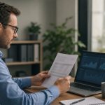 Salarios e IA representados por un trabajador que compara su remuneración con una herramienta digital