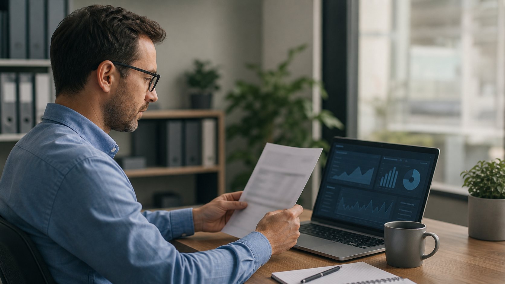 Salarios e IA representados por un trabajador que compara su remuneración con una herramienta digital