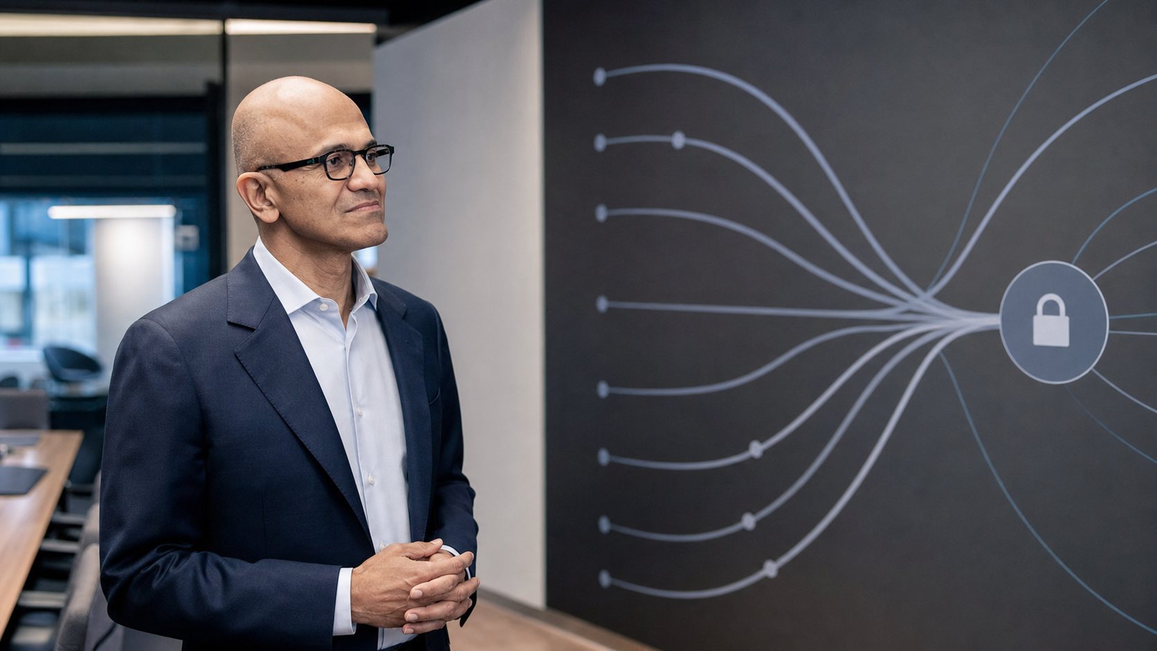 Satya Nadella frente a varias rutas de modelos de IA conectadas a una misma empresa