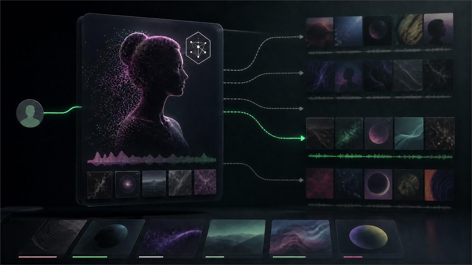 Perfil musical de AI Persona con rutas de recomendación y conexión de un seguidor