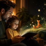 Padre usando StoryKit para crear un cuento infantil ilustrado con inteligencia artificial