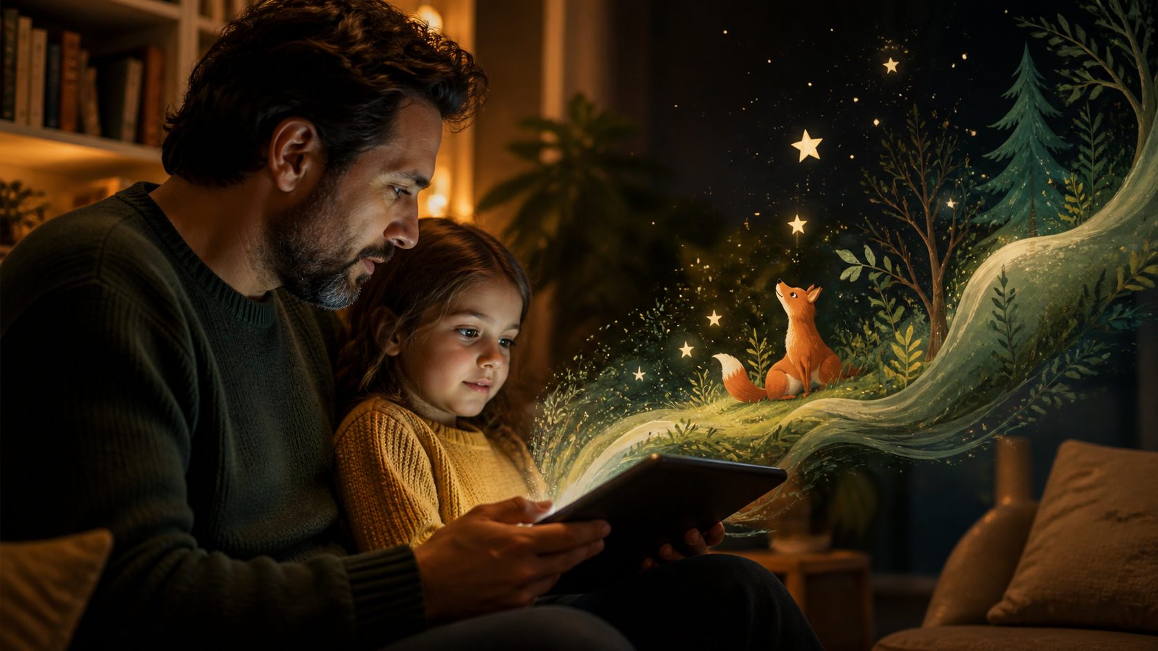 Padre usando StoryKit para crear un cuento infantil ilustrado con inteligencia artificial