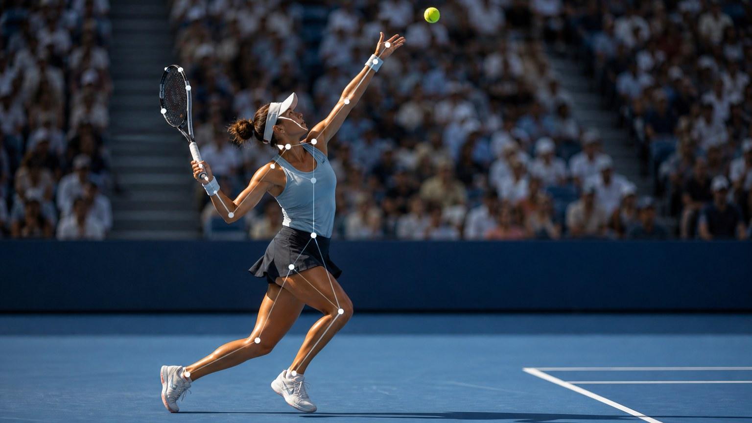 Tenista en el US Open durante un saque con seguimiento biomecánico