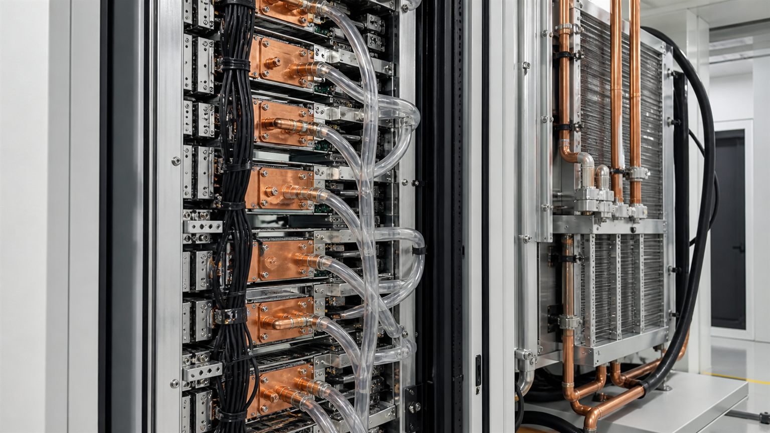 Rack de servidores con tuberías de refrigeración líquida y conexión eléctrica visible vertiv