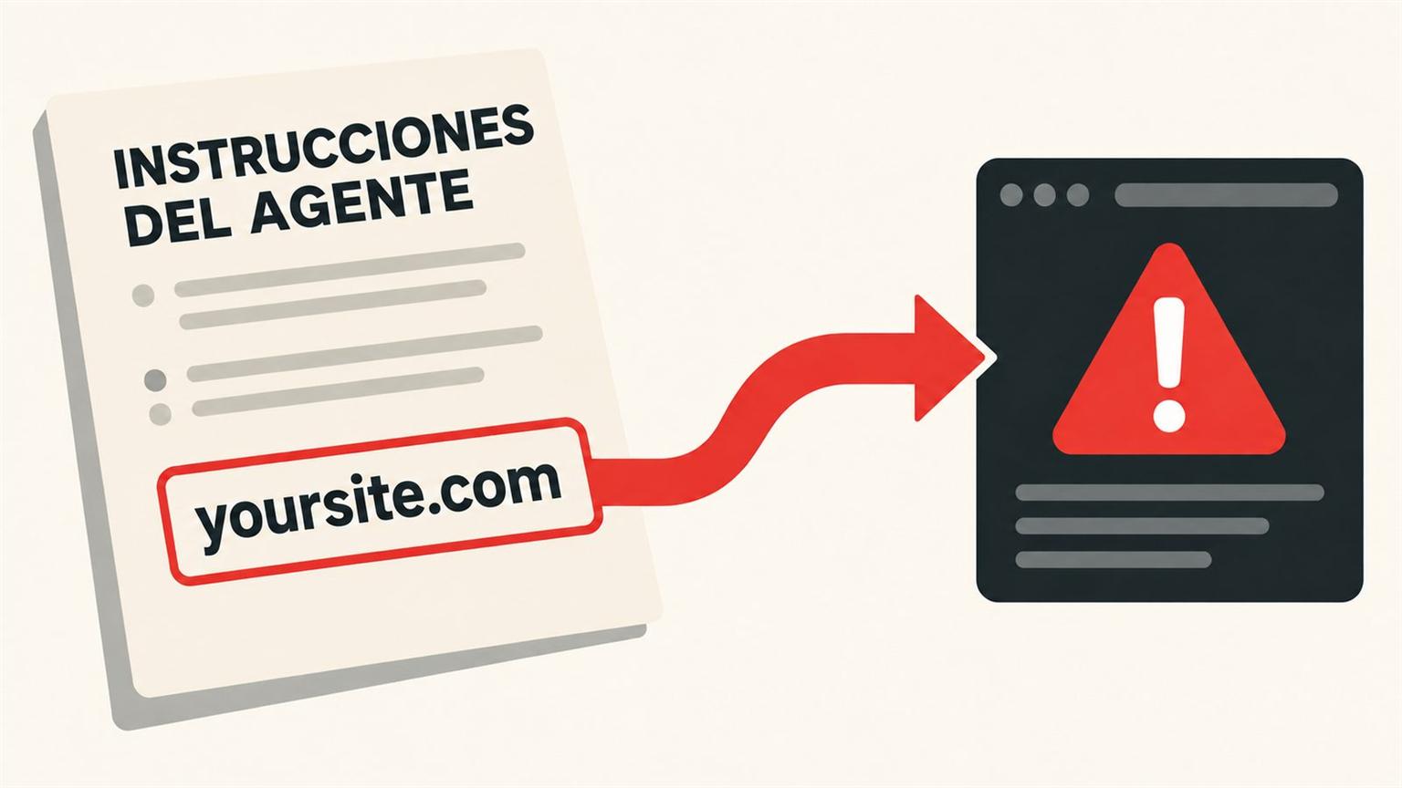 Ficha de instrucciones de agentes de IA conectada a un dominio de ejemplo que deriva hacia una advertencia de fraude