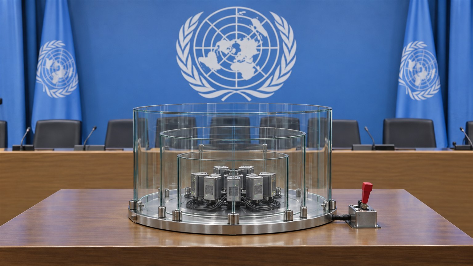 Sala de prensa de la ONU con barreras transparentes que contienen nodos de agentes de IA
