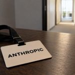 Credencial beige de Anthropic con cordón negro sobre una mesa oscura frente a una puerta abierta