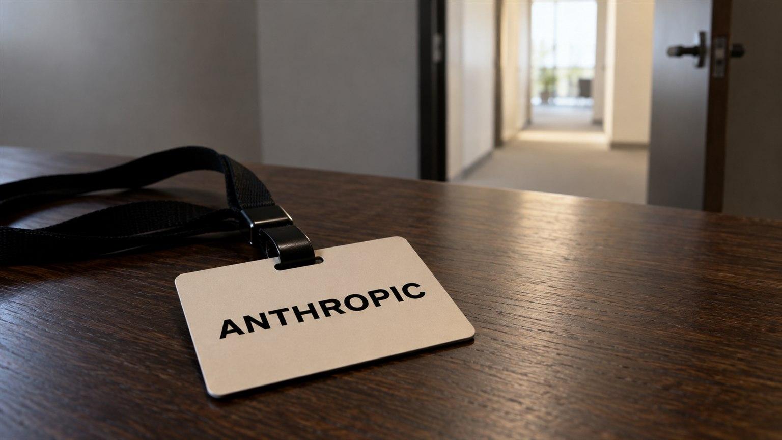 Credencial beige de Anthropic con cordón negro sobre una mesa oscura frente a una puerta abierta